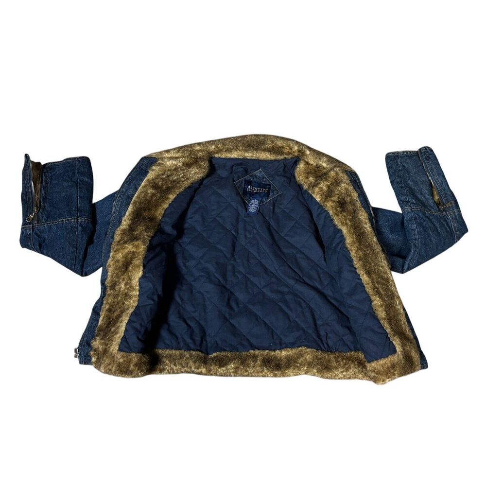 Austin Denim Jacket Size Large Blue Fur Collar Long Sleeve Zip Trucker Western - Picture 8 of 13